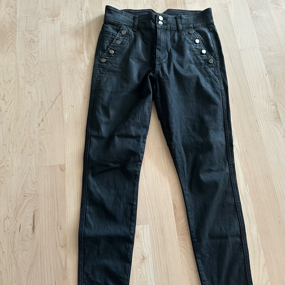Joe's Jeans The Georgia High Rise Button Skinny Black Coated Jeans
